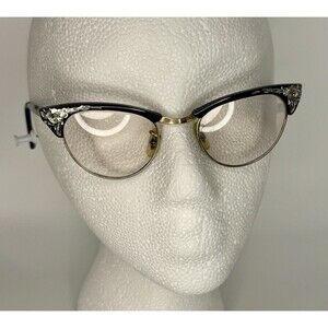 Vintage UOC Eyeglasses 1950s Cat Eye Black N Silver Aluminum Frame Floral Etched